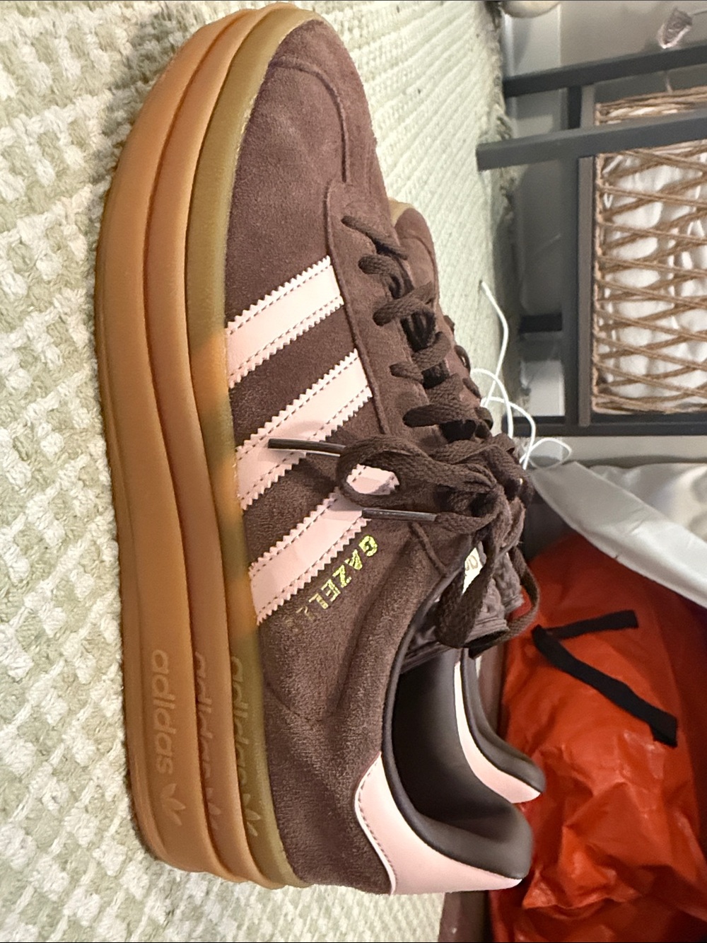 adidas Kids Gazelle Sneaker in Brown with Pink Stripes